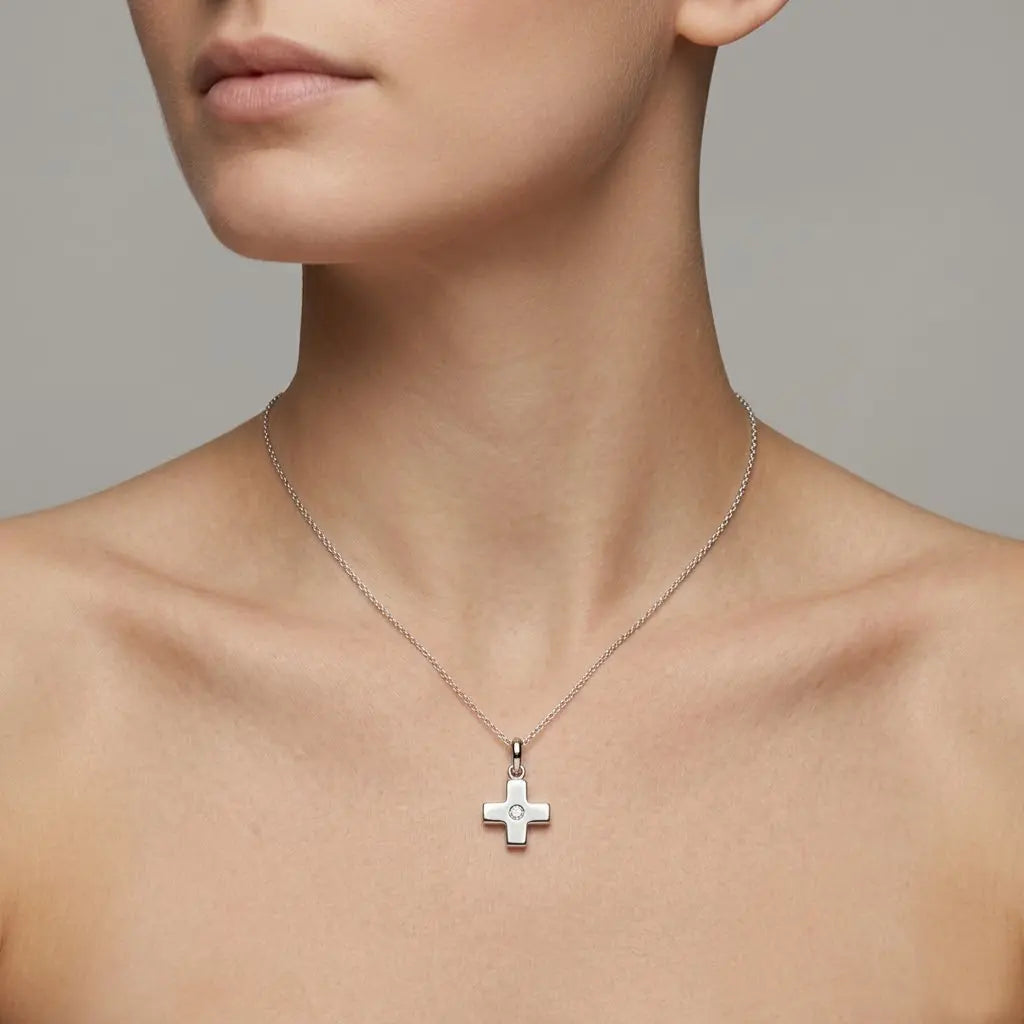 Tayo Handcrafted 18k White Gold Cross Necklace with Diamond