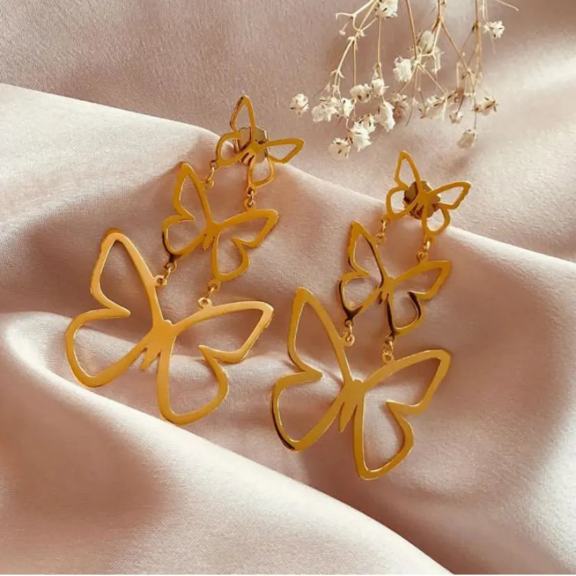 Triple Butterfly Gold Earrings